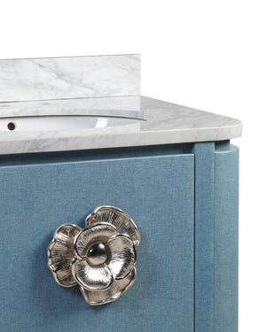 Currey & Company Briallen 36" Vanity With Elegant Carrara Marble Top And Polished Nickel Brass Flower Pull Storage Solutions Blue White Oak Solids & Veneer ,Carrara Marble ,Viterous China ,Brass 3800-0015-currey-company