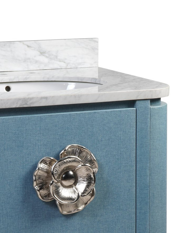 Currey & Company Briallen 36" Vanity With Elegant Carrara Marble Top And Polished Nickel Brass Flower Pull Storage Solutions Blue White Oak Solids & Veneer ,Carrara Marble ,Viterous China ,Brass 3800-0015-currey-company