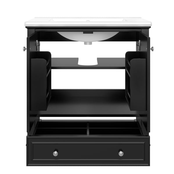 English Elm 30" Bathroom Vanity with Sink — Modern Freestanding 30" Cabinet with Ceramic Top, Drawer, Doors, Shelf Black N725P221263B