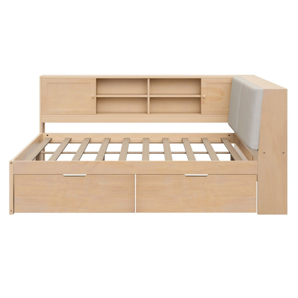 English Elm Wooden Full Size Corner Daybed Pine Frame Bookcase Storage Drawers Usb Charging BS701P337654N
