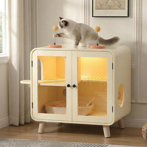 English Elm Cat Litter Box Enclosure Mdf Cabinet with Rgb Lighting Glass Doors and Play Loft Beige N704P419240A