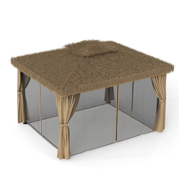 English Elm Outdoor Hawaiian Tiki Gazebo with Pe Thatch Roof Aluminum Frame and Mosquito Net T3963S00001