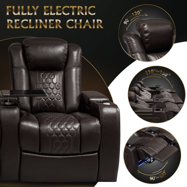 English Elm 124.4"power Recliner Set Nappa Leather Home Theater Seating with Rgb Led Charging W3819S00104