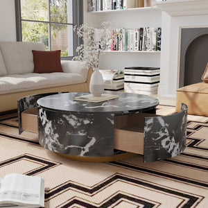 English Elm Tavola Round Coffee Table with Marble Pattern Top and Metal Legs, Two Drawers for Stylish Storage Black B341P321162
