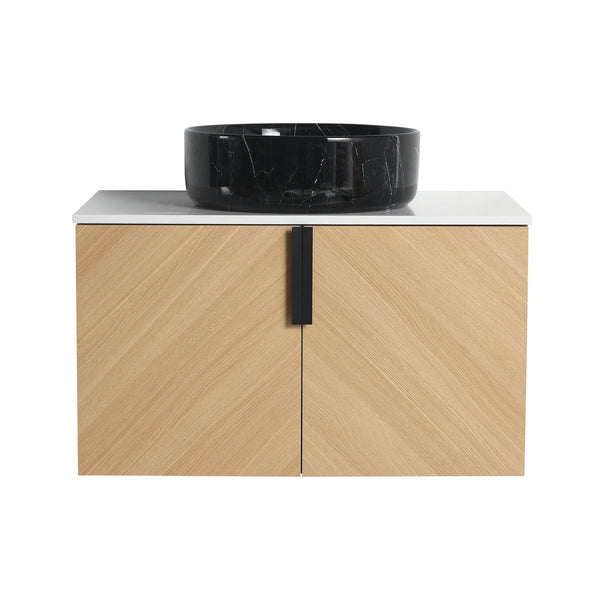 English Elm 30" Bathroom Vanity With Wall-Mounted Design, Ceramic Vessel Sink & Soft-Close Doors For Modern Homes W999S00447