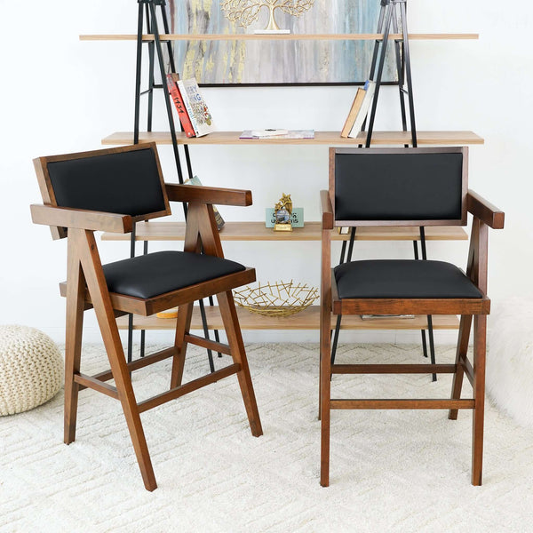 English Elm Ashcroft Furniture - Athena Mid-Century Counter Chair Set of 2 in Black Vegan Leather with Solid Wood Frame & Footrest B183P231267