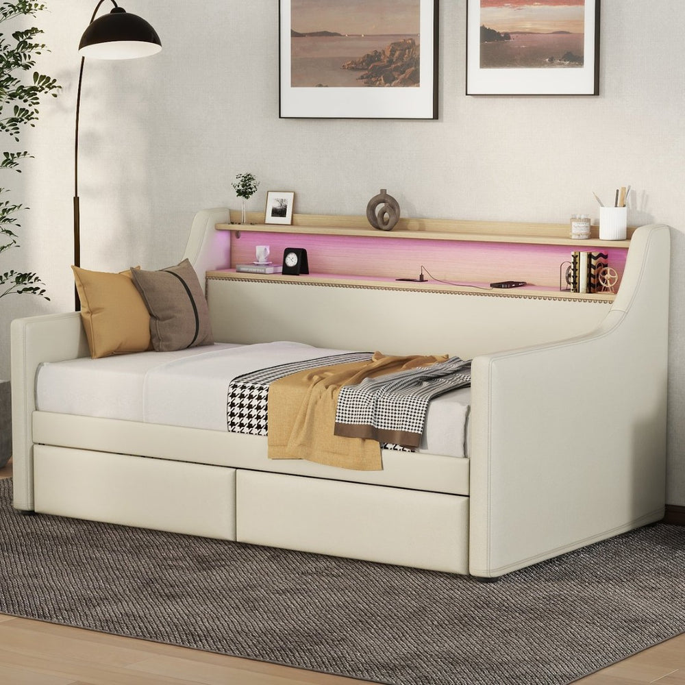English Elm Twin Size Daybed With Storage Drawers, Charging Station & Led Lights - Stylish Beige Upholstered Design W1580S00033-GIGA