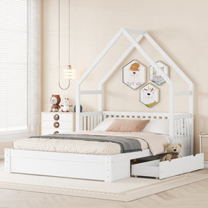 English Elm Wood Queen Size House Platform Bed with Guardrail and 2 Drawers — Charming Kids’ Playful Storage Bedframe White GX000726AAK