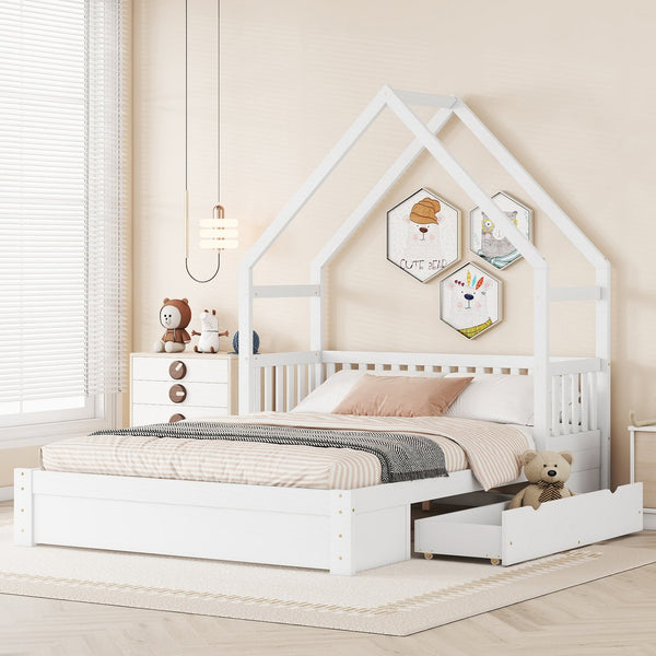 English Elm Wood Queen Size House Platform Bed with Guardrail and 2 Drawers — Charming Kids’ Playful Storage Bedframe White GX000726AAK