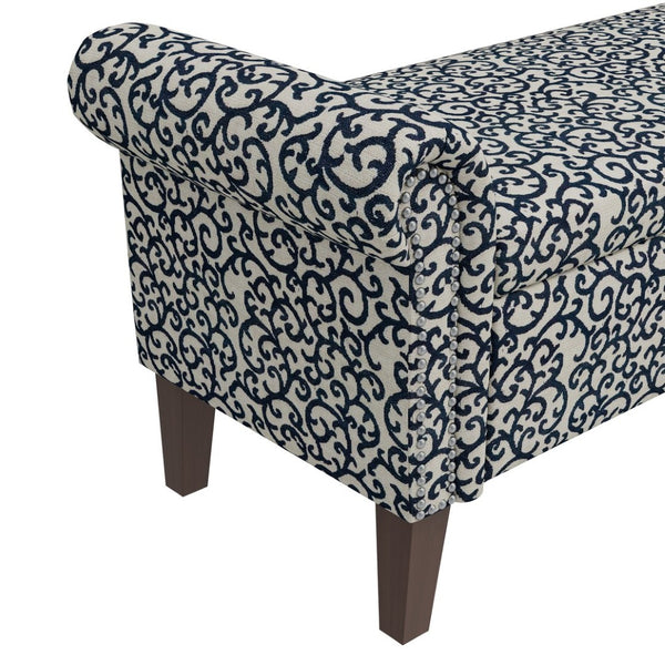 English Elm Wallen Traditional Upholstered Storage Ottoman Bench with Nailhead Trim and Vine Pattern Black,White,Wood B127P409580
