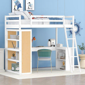 English Elm Twin Loft Bed with Built-in Desk Shelves and Drawer White Pine Study Zone LT100225AAK-1
