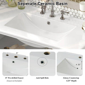 English Elm Christopher Knight Home® - 36" Bathroom Vanity with Ceramic Sink, Solid Wood Legs, Waterproof Finish, Soft-Close Hinges, Open Shelf, Silver Knobs White N817P286249W