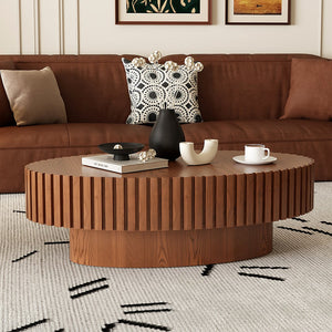 English Elm Oval Handcrafted Relief Coffee Table with Sturdy MDF Pedestal, Olive-Inspired Shape, Easy Assembly, Modern Chic Design Natural Wood W3081P255090