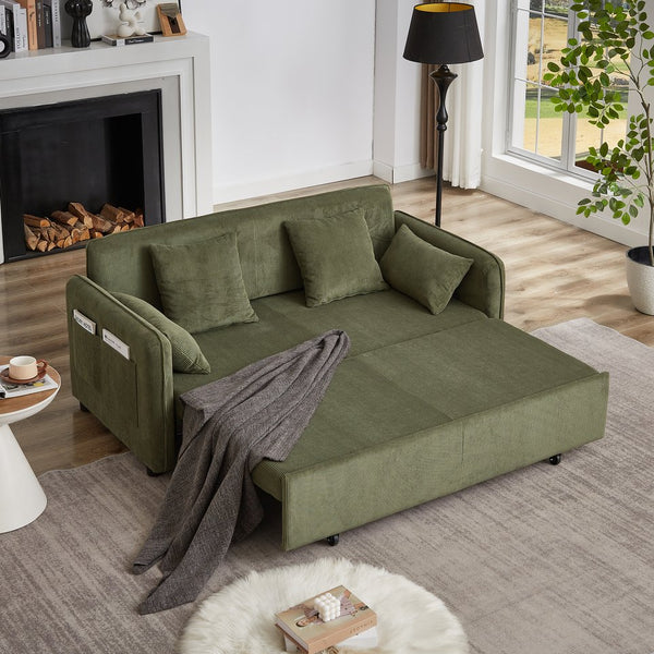 English Elm FX'' 66 Inch Sleeper Sofa Bed 3-in-1 Convertible Pullout Sofa with Plush Corduroy, 4 Pillows, Pockets Green W1926S00057