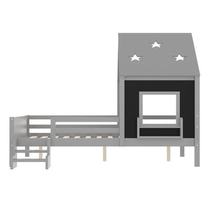 English Elm Full Bunk Bed with Trundle Bookshelf Storage Pine Frame Car Design for Kids Gray W1580S00296