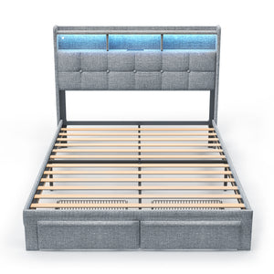 English Elm Queen LED Linen Platform Bed with USB-C/A Charging, 2 Drawers, Memory Foam Headboard, Light Gray W1550P190365