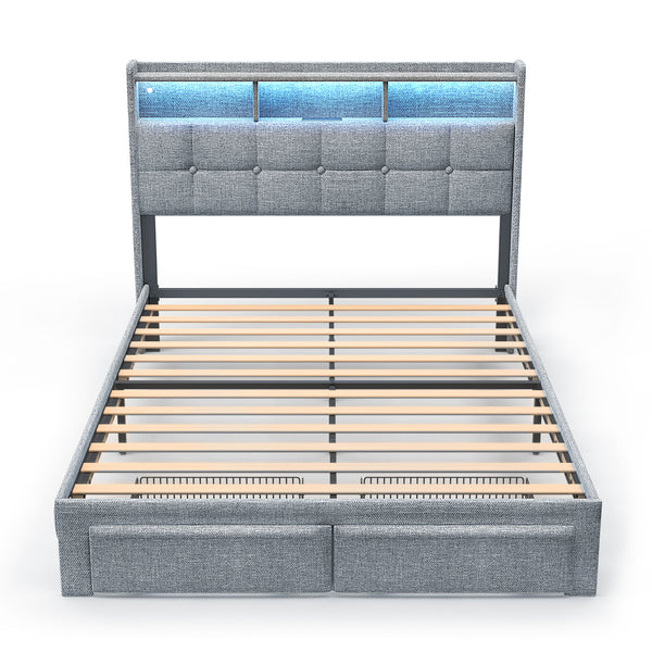 English Elm Queen LED Linen Platform Bed with USB-C/A Charging, 2 Drawers, Memory Foam Headboard, Light Gray W1550P190365