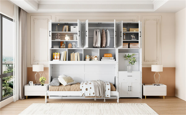 English Elm Twin Murphy Wall Bed with Integrated Closet Drawers and Desk for Studio Spaces White LP000595AAK-2