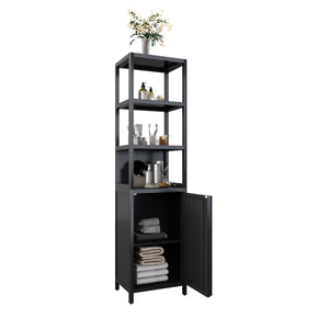 English Elm BLACK Bamboo Tall Slim Cabinet with Shutter Door, 3-Tier Freestanding Linen Tower for Kitchen Bath 39x18x9" W2207P272658