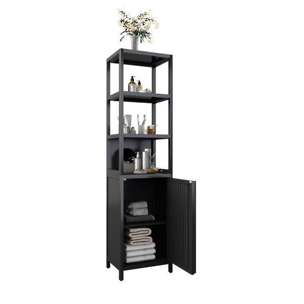 English Elm BLACK Bamboo Tall Slim Cabinet with Shutter Door, 3-Tier Freestanding Linen Tower for Kitchen Bath 39x18x9" W2207P272658