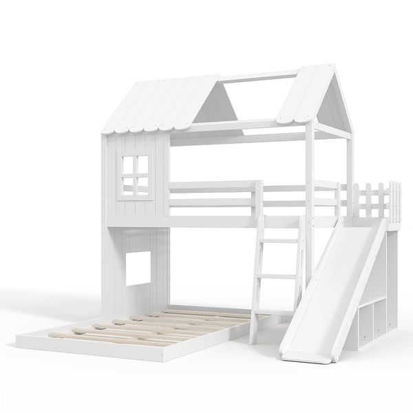 English Elm Twin Over Full Playhouse Bunk Bed with Slide Ladder Storage Shelves and Wardrobe Light White W5305S00039