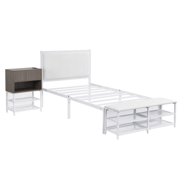 English Elm Twin Metal Platform Bed With Cushioned Footrest, Two-Tier Shelves & Wooden Storage Cabinet, White N737P199330K-GIGA