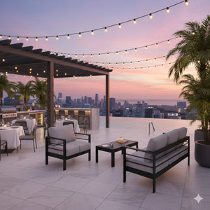 English Elm 3-piece Outdoor Aluminum Conversation Set with Deep Cushions and Wpc Coffee Table Light Gray B082S00099