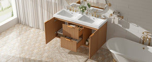 English Elm [video]47.24 Inch Floating Double Sink Vanity Mdf Cabinet Gold Handles Modern Bath N729P000025N