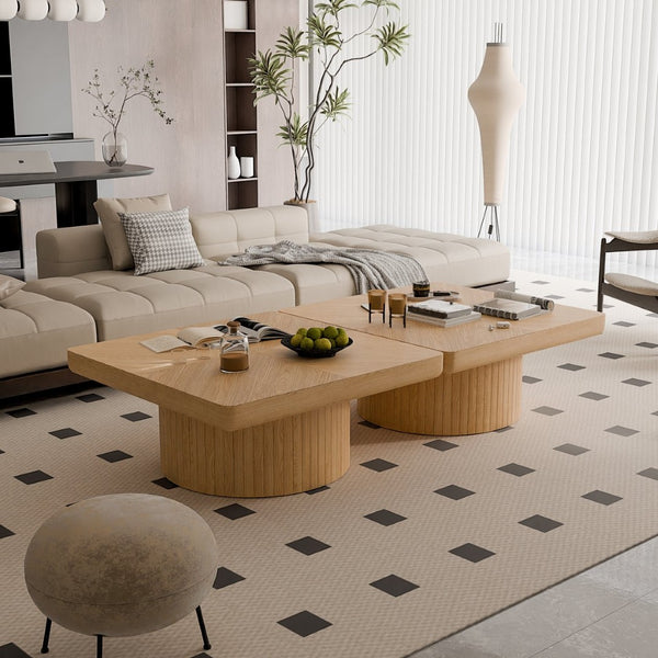 English Elm 34.6'' Square Coffee Table Parquet Wood Veneer Sculptural Cylindrical Base Modern Living Room Natural Wood W1435P337646