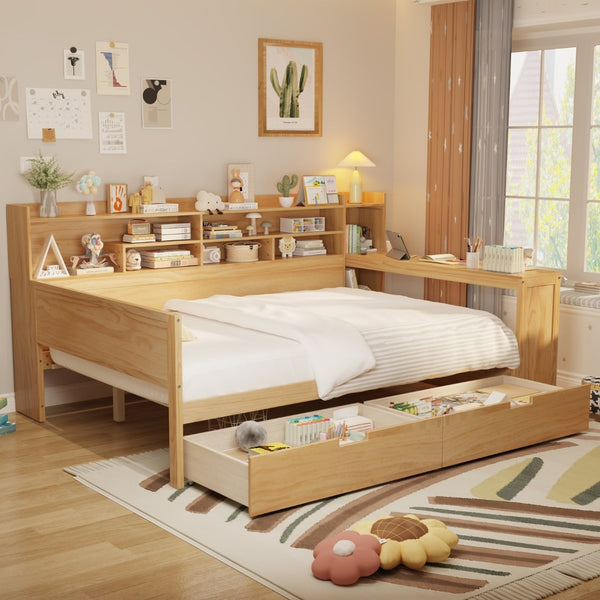 English Elm Wooden Twin Daybed with Trundle Built-in Desk and Open Shelves for Kids Rooms Natural N733S373385M