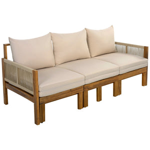 English Elm Outdoor Acacia Wood Dining Set Seats Six with Cushioned Armrest Chairs for Patio Natural Wood+Brown N719Z000220D