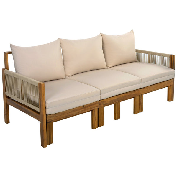 English Elm Outdoor Acacia Wood Dining Set Seats Six with Cushioned Armrest Chairs for Patio Natural Wood+Brown N719Z000220D