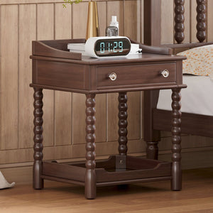 English Elm Retro Bedside Nightstand with Turned Rubberwood Legs Open Shelf and Drawer Storage Walnut N733P206240D