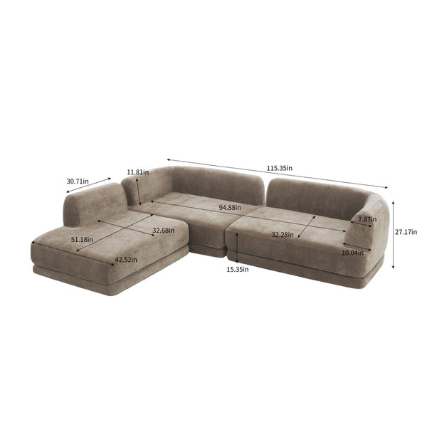 English Elm 115" L-shaped Sectional Three Piece Deep Seat Chaise Sofa for Modern Living Rooms N767P385430B