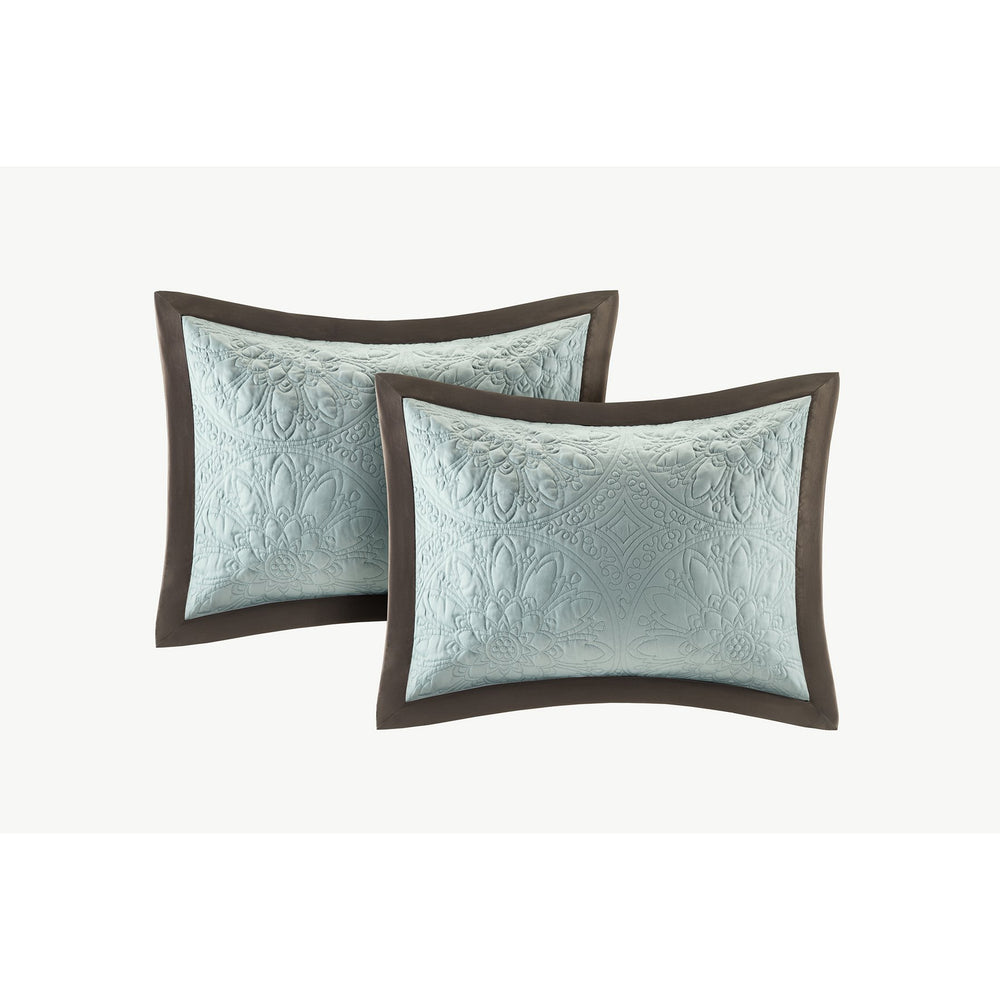 JLA Home Madison Park - 9 Juliana Charmeuse Comforter Set — Quilted Luxury in Chocolate, Light Blue & Ivory with Embroidered Pillows 96 L x 110 W x 1.5H MP10-459