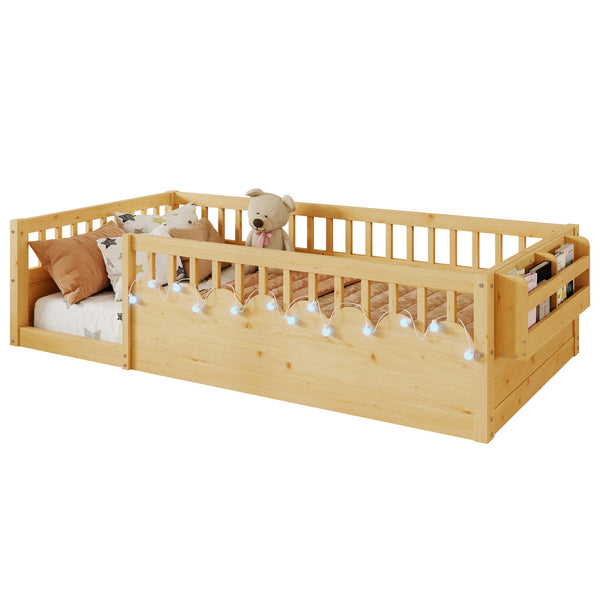 English Elm Twin Montessori Floor Bed Frame with High Rails and Built-In Light Shelf for Safe Independent Sleep Natural 79.13 L x 13 W x 6.3 H W2593P333571