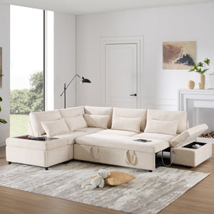 English Elm [video]107'' Chenille Sleeper Sectional with Usb Charging Storage Ottoman and Adjustable Armrest Beige N723S8782A