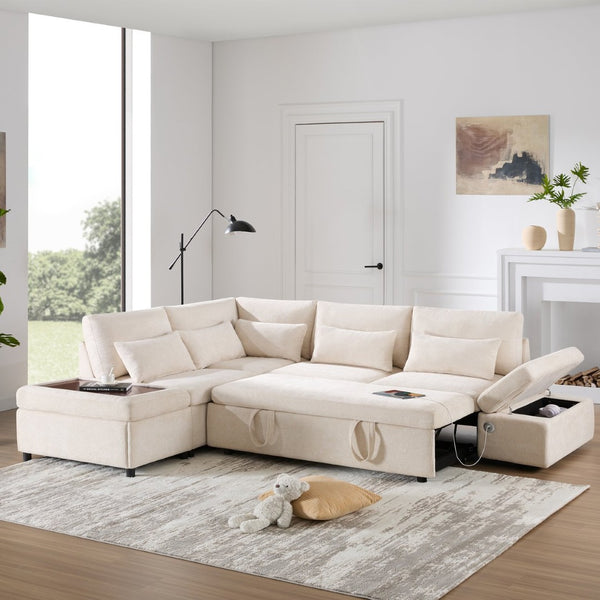 English Elm [video]107'' Chenille Sleeper Sectional with Usb Charging Storage Ottoman and Adjustable Armrest Beige N723S8782A