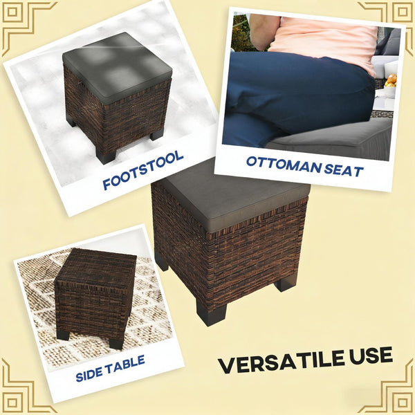 English Elm Outdoor Wicker Ottoman Set of 2 Hand Woven Pe Cube Stools for Patio or Poolside Brown+Gray T3971P443515