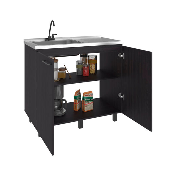English Elm Napoles Freestanding Stainless Steel Utility Sink with Deep Basin for Laundry Rooms Black + Dark Walnut B200S00455