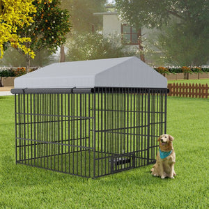 English Elm Large Outdoor Dog Kennel Heavy Duty Iron Run with Waterproof Canopy and Feeding Bowls W1820P321938