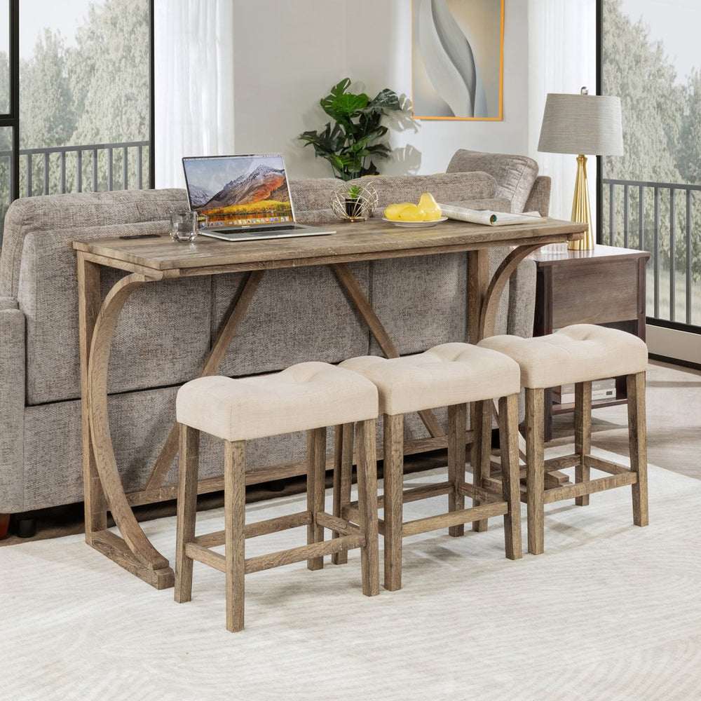 English Elm 4-Piece Bar Table Set With Power Outlet, Padded Stools For Dining, Game Room, Rustic Charm & Comfort W1998P193823