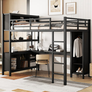 English Elm Metal Loft Bed With Integrated Desk, Wardrobe & Storage Cubes - Space-Saving Solution For All Ages W1580S00068