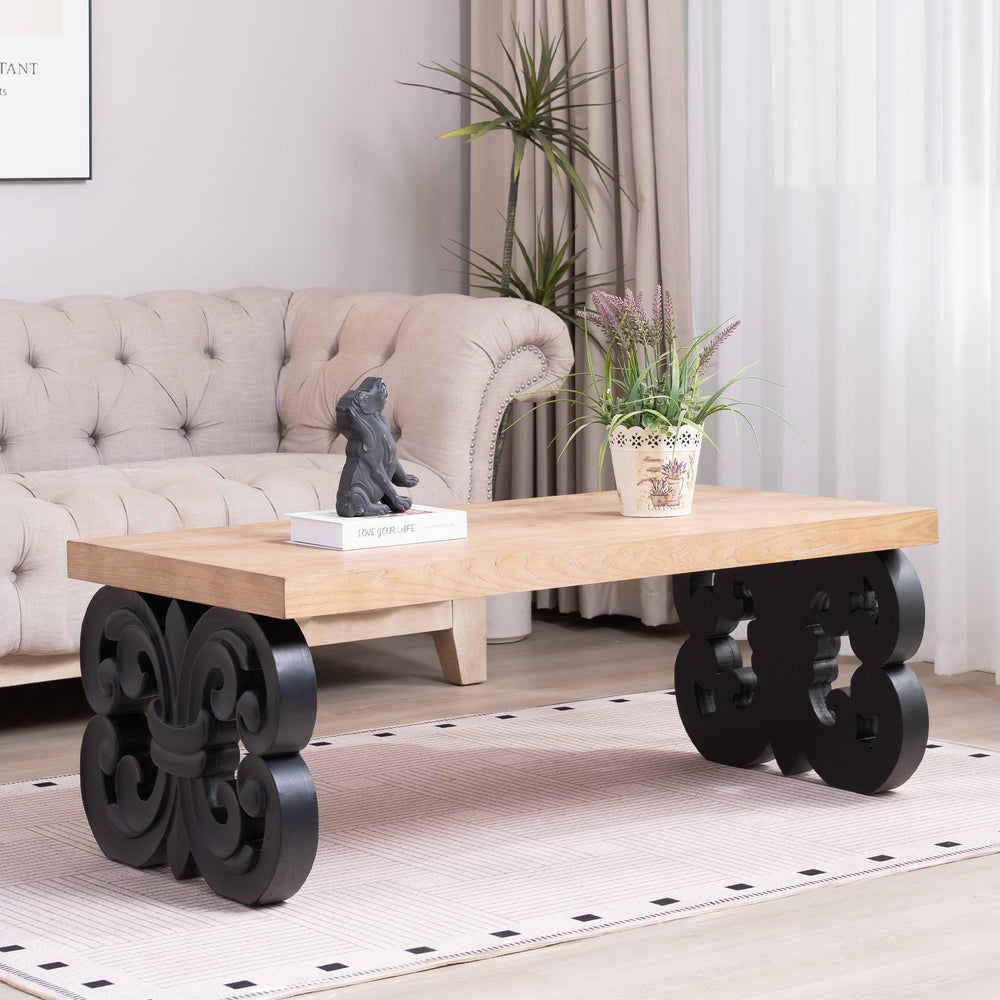 English Elm Black Scroll Base Coffee Table with Natural Wood Top, 47" Rectangular Modern Farmhouse Centerpiece, Ornate Carved Accent W2729P298231