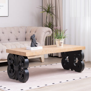 English Elm Black Scroll Base Coffee Table with Natural Wood Top, 47" Rectangular Modern Farmhouse Centerpiece, Ornate Carved Accent W2729P298231