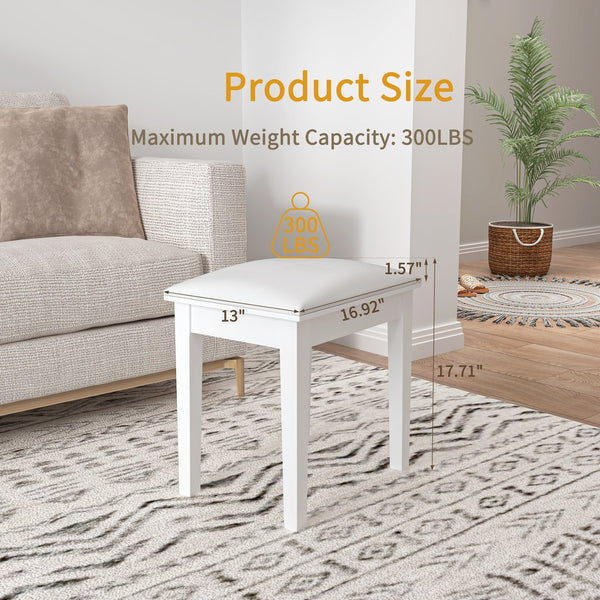 English Elm Vanity Stool with Cushion and Solid Wood Legs, White Finish — Comfortable PU Seat, Stable 264lb Load W3128P257656