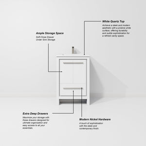 English Elm White Bath Vanity 24" W x 20" D with White Quartz Top, Soft-Close Storage & 18" x 24" Mirror B2731S01477