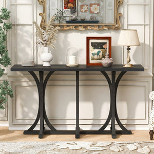 English Elm U-style Farmhouse Console Table Oak Veneer Top Curved Rubberwood Legs Entryway N711P295300B