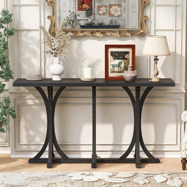 English Elm U-style Farmhouse Console Table Oak Veneer Top Curved Rubberwood Legs Entryway N711P295300B