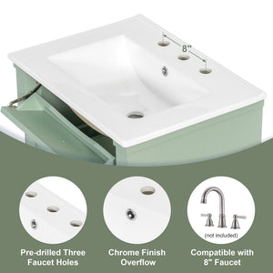 English Elm 24 Inch Freestanding Vanity with Ceramic Sink Rubberwood Frame Matte Finish Storage Green N725P356058F